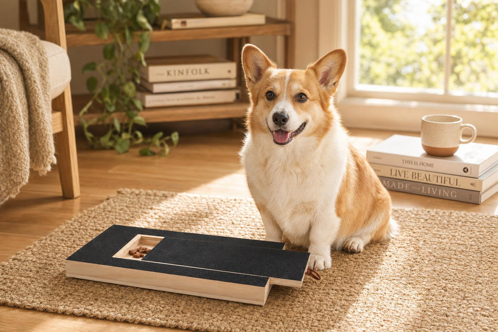 Corgi sitting beside the Dog Nail Scratch Board in a cozy reading nook