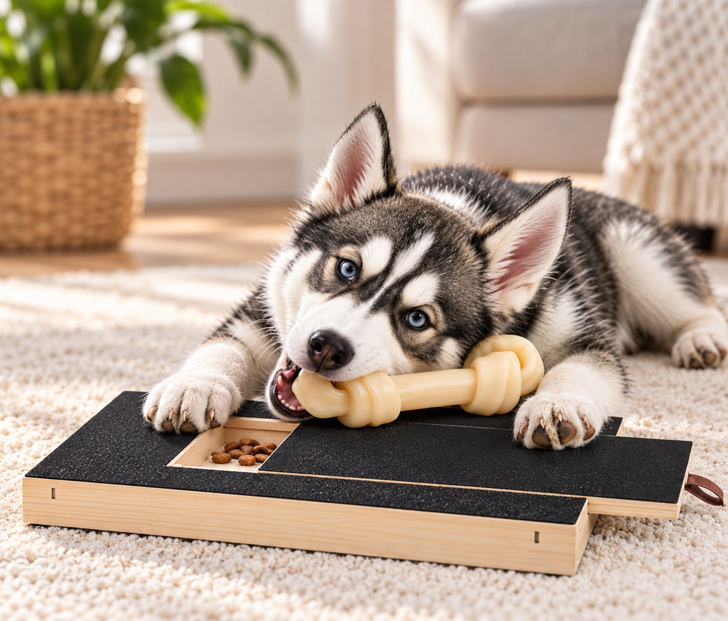 Husky puppy chewing a treat next to the Dog Nail Scratch Board