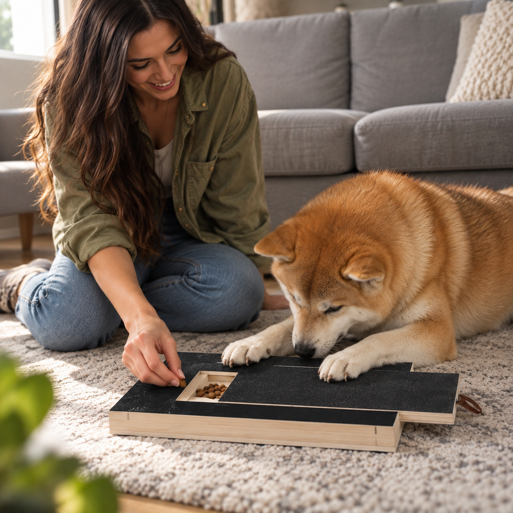 Woman rewarding her Shiba Inu while using the Dog Nail Scratch Board
