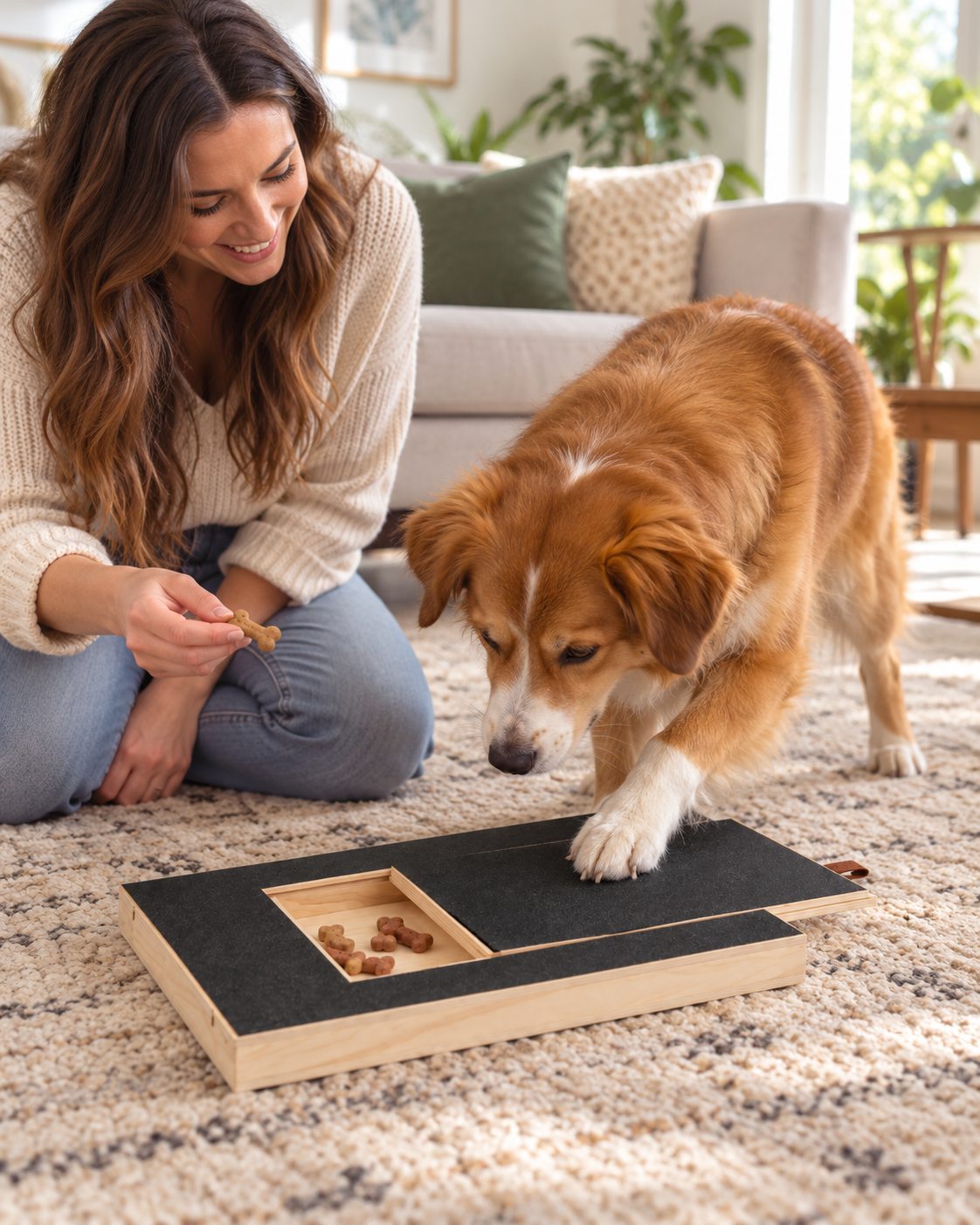 Woman rewarding her dog while using the LoyalNest Pets nail scratch board at home